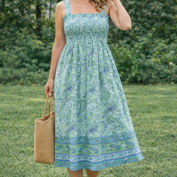 Styled by Saybury 80’s Vintage Paisley Sundress Smocked Bodice LARGE 100% Cotton - Picture 2 of 11